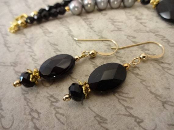 Black Onyx Earrings, Black Onyx and 14K Gold Fill Earrings, Black Dangle Earrings, Gift for Wife, Gift for Her