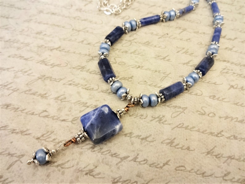 Sodalite and Light Blue Freshwater Pearls Necklace, Shades of Blue Jewelry, Sodalite Pendant Necklace image 2