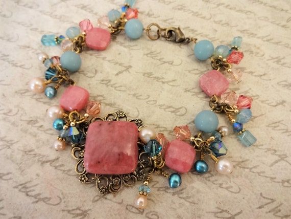 Rhodonite and Amazonite Brass Filigree Bracelet, Rustic Boho Gemstone Bracelet, Handmade Bracelet. Gift for Her