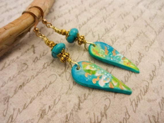 Turquoise and Artisan Polymer Clay Earrings, Boho Gemstone Light Weight Earrings in Aqua Lime Green White