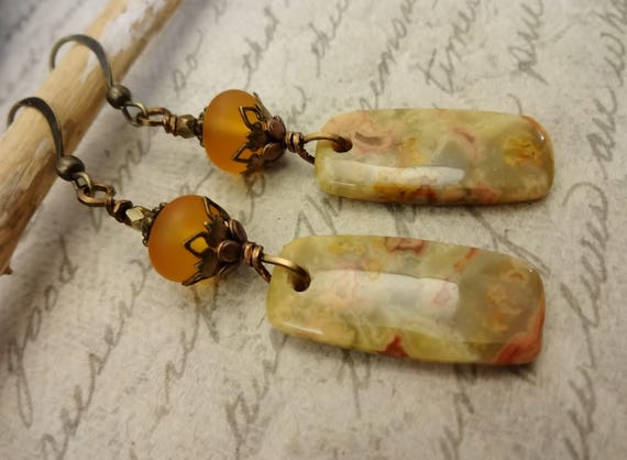 Crazy Lace Agate Dangle Earrings: Lampwork Boho Jewelry, Gold and Antique Brass