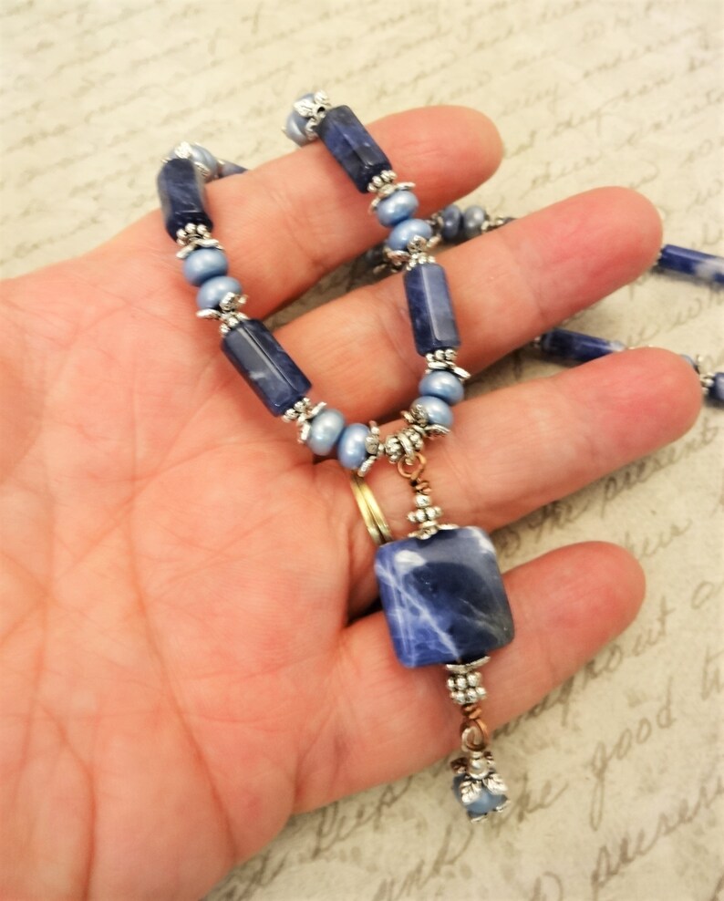 Sodalite and Light Blue Freshwater Pearls Necklace, Shades of Blue Jewelry, Sodalite Pendant Necklace image 5