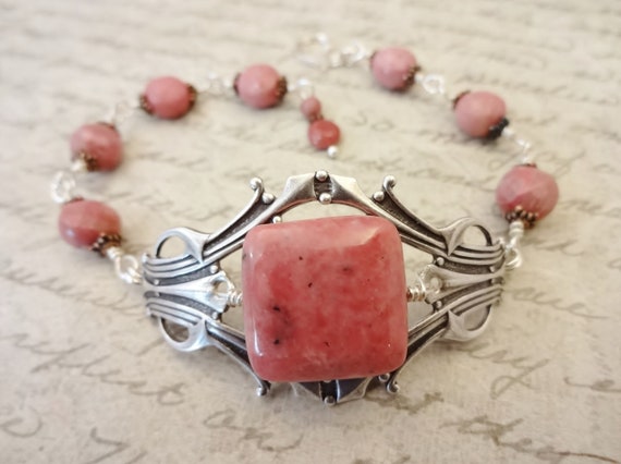 Rhodonite and Antique Silver Victorian Style Bracelet, Rose Gemstone Vintage Inspired Jewelry Art Deco Bracelet