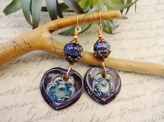 Bohemian Ceramic and Dichroic Glass Earrings, Purple and Aqua Blue Heart Earrings, Hearts and Flowers, One of a Kind GIft for Her