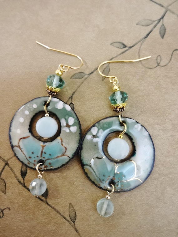 Handmade Enamel Earrings: Gold Accented Green Flowers, Fluorite and Amazonite