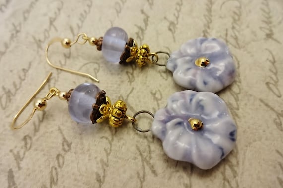 Shabby Chic Ceramic Flower Earrings: Lavender Lamp Glass, Artisan Made