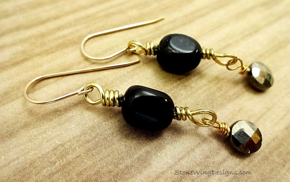 Black Onyx and Pyrite Earrings, Black Earrings, Stone Nugget Earrings, Rustic Boho Earrings, Gift for Wife, Gift for Her