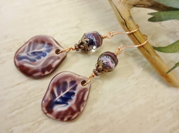 Artisan Ceramic and Lampwork Glass Earrings, Purple and Blue Earrings, Artisan Mixed Metal Earrings, Gift for Her