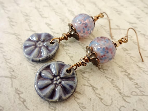 Shabby Chic Ceramic Flower Earrings: Lavender Lamp Glass, Artisan Made