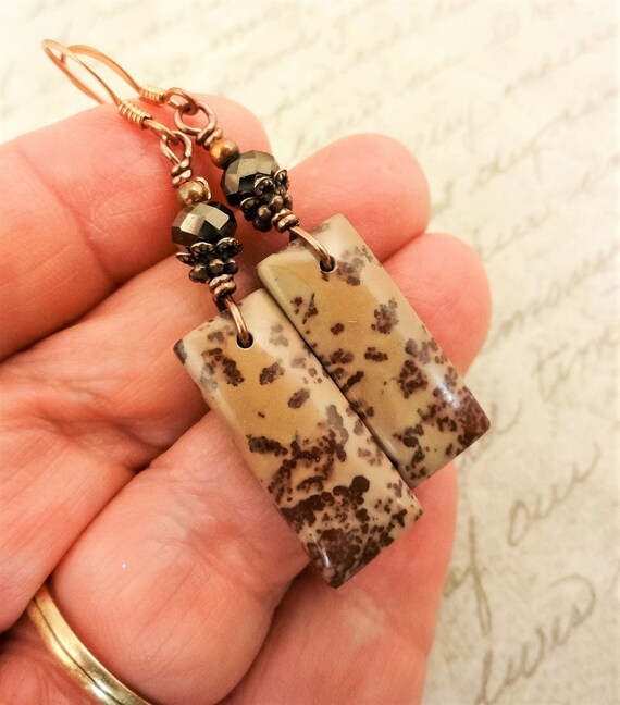 Artistic Jasper Stone Earrings, Natural Dendritic Jasper Rectangle Sticks in Tan and Reddish Brown, Gift for Mom