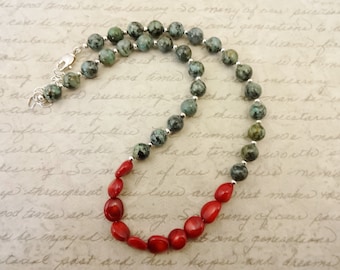 African Turquoise & Red Coral Gemstone Necklace: Boho Style