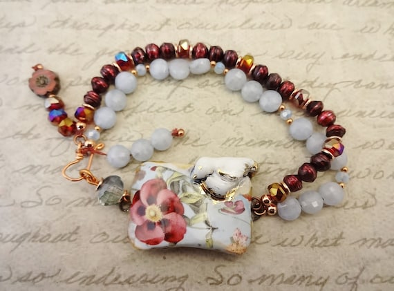 Artisan Ceramic Bird Bracelet with Blue Lace Agate and Red Pearls, Birds and Blooms, Gift for Her, Bird Jewelry