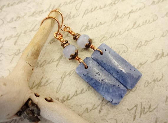 Blue Sponge Coral & Lace Agate Earrings: Handmade Copper Wire Wrapped Jewelry