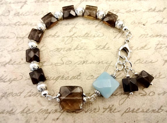 Smoky Quartz, White Pearls and Amazonite Bracelet, Gemstones and Pearls Bracelet, Gift for Her, Aqua White Brown