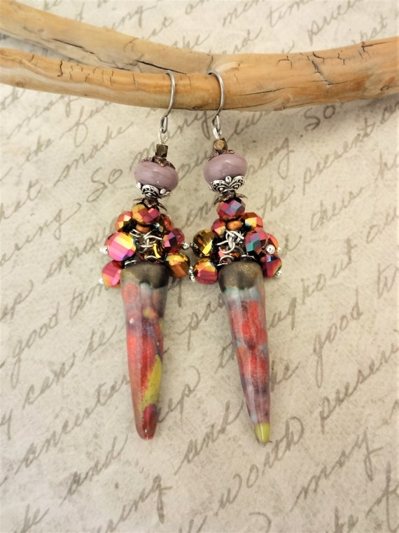 Multi Color Porcelain and Glass Earrings; Cluster Earrings with Artisan Porcelain Spears; One of a Kind Earrings