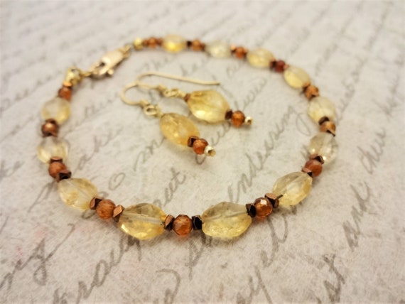 Citrine and Hessionite Garnet Bracelet and Earring Set, Fall Colors, Birthstone Jewelry, Gift for Her