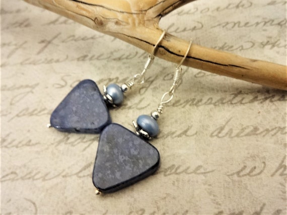 Blue Stone and Pearl Earrings, Dumortierite Triangle Earrings, Everyday Earrings, Blue Gemstone and Freshwater Pearl Earrings