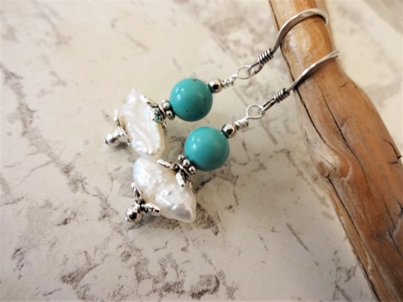 White Pearl and Turquoise Gemstone Earrings, Pearl and Stone Jewelry, June Birthstone, December Birthstone, Gift for Her