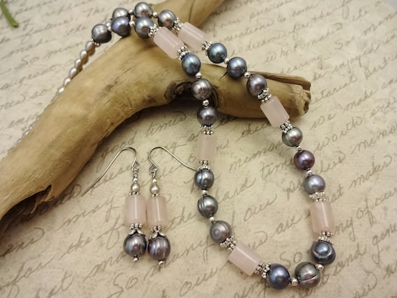 Rose Quartz and Gray Pearls Necklace and Earrings, Gemstone and Pearls Jewelry, One of a Kind Designs for Her, Gift for Her,