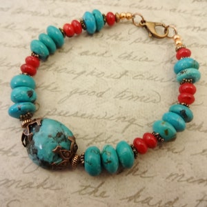 Turquoise and Red Coral Bracelet: Copper Accent Genuine Jewelry