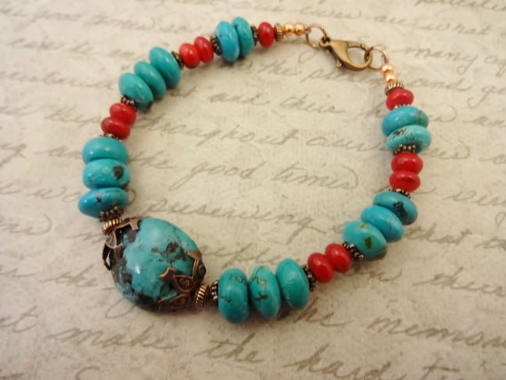 Turquoise and Red Coral Bracelet, Genuine Turquoise Jewelry, Gift for Her, Gift for Mom, Gift for Wife