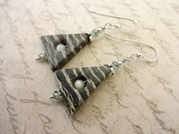 Green Zebra Jasper Triangles Mother of Pearl and Green Crystal Earrings, Unique Jewelry, Gift for Her, Gift for Mom