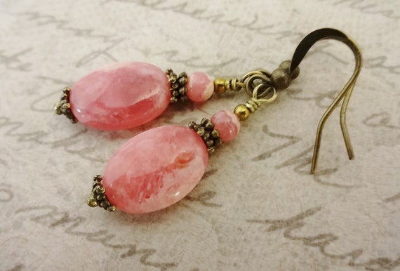 Rhodochrosite Gemstone Earrings, Pink Gemstone Earrings, Feminine Jewelry, For Her, Gift for Mom, Gift for Wife