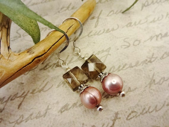 Smoky Quartz and Peach Pearl Earrings, Sterling Silver