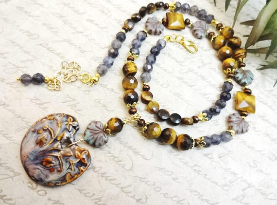 Ceramic Pendant Necklace: Tiger's Eye, Iolite and Czech Maple Leaves