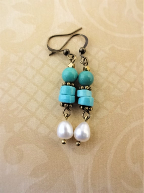 Turquoise and Pearl Earrings with Antique Brass Metals, Rustic Boho Earrings, Gift for Her
