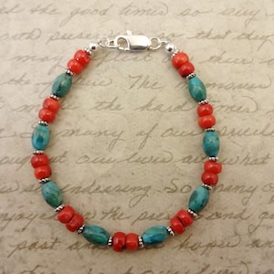 Turquoise and Red Coral Bracelet: Sterling Silver Clasp, 7 Inch