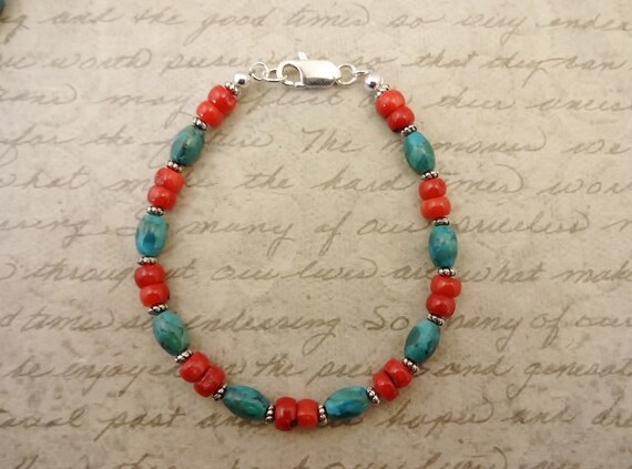Turquoise and Red Coral Bracelet, Genuine Turquoise Jewelry, Gift for Her, Gift for Mom, Gift for Wife