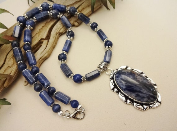 Sodalite Gemstone and Sterling Silver Pendant Necklace and Earrings Set, One of a Kind Gemstone Jewelry, Gift for Her