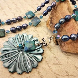 Teal Green Blue Gemstone Necklace with Azurite Malachite, Mother of Pearl Flower Pendant and Teal Freshwater Pearls