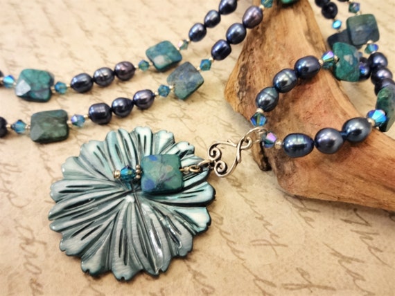 Teal Green Blue Gemstone Necklace with Azurite Malachite, Mother of Pearl Flower Pendant and Teal Freshwater Pearls