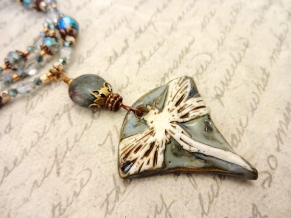 Artisan Porcelain Dragonfly Necklace: Czech Glass, Copper, Rose Gold