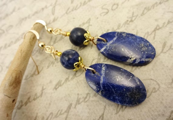 Sodalite Gemstone Earrings: Long Dark Blue Artisan Earrings