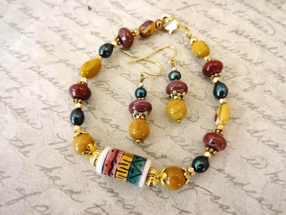 Mookaite Bracelet and Earring Set: Maroon Gold Jasper and Green Pearls