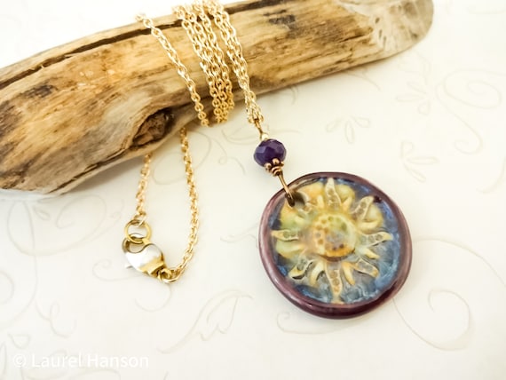 Purple and Gold Ceramic Sunflower Necklace on Gold Chain, Gift for Her, Gift for Mom