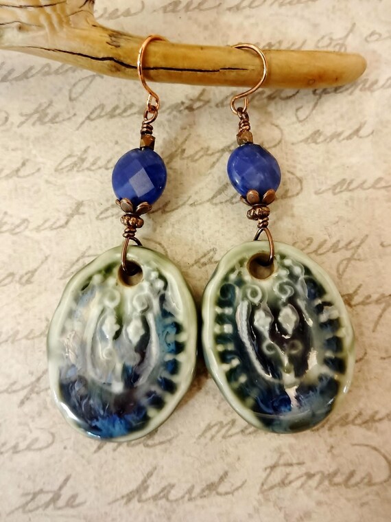 Bohemian Ceramic Oval Earrings: Sodalite Blue Green