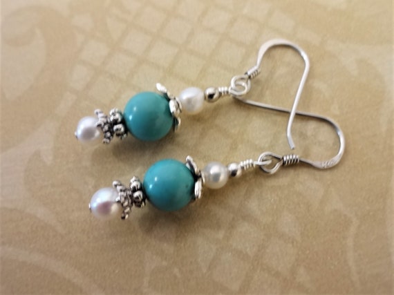 White Pearl and Turquoise Gemstone Earrings, Pearl Dangle Earrings, June Birthstone, December Birthstone Turquoise