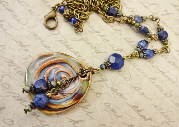 Sodalite and Porcelain Pendant Necklace, Artisan Ceramic Pendant, Dark Blue and Green Necklace and Earring Set, Gift for Her