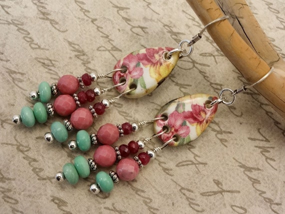 Pink and Green Earrings, Chandelier Earrings, Artisan Ceramic Earrings, Bohemian Earrings, Chrysoprase, Rhodonite and Ruby Earrings