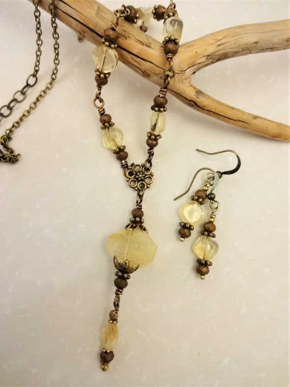 Citrine and Antique Brass Necklace and Earring Set, Filigree Vintage Style Jewelry with Natural Gemstones, Gift for Her