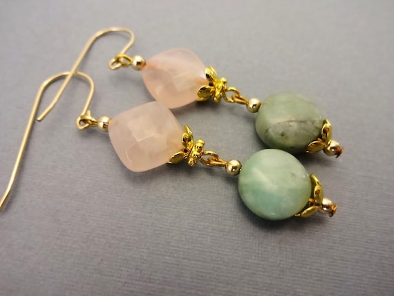 Rose Quartz and Chrysoprase Earrings: 14k Gold Fill