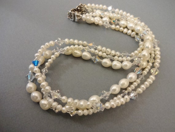 Three Strand Pearl and Crystal Necklace, White Pearls and Crystals Necklace, Bridal Jewelry Wedding Necklace