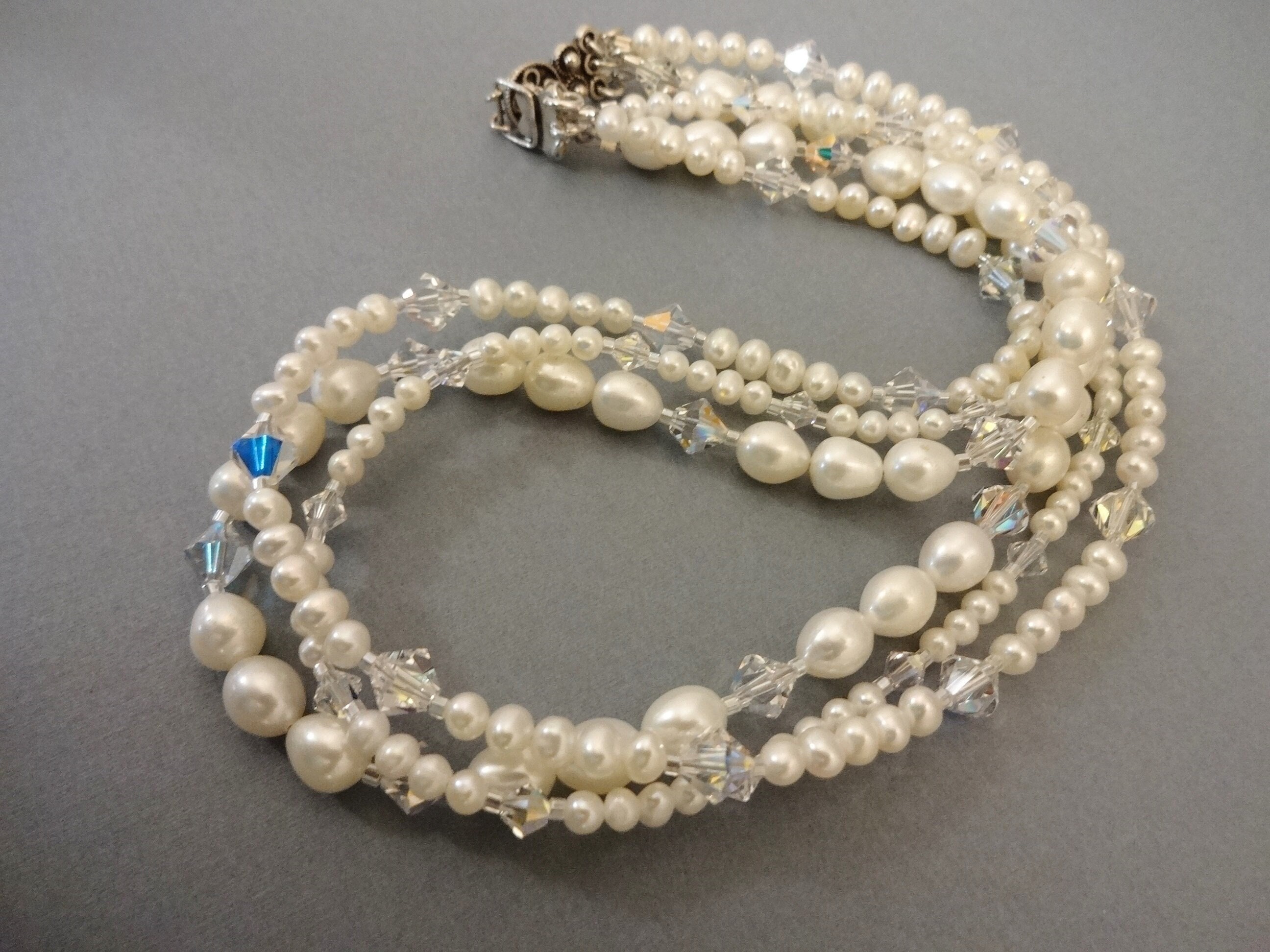 Three Strand Necklace Swarovski Beads and Pearls 