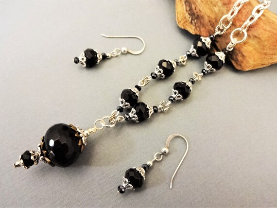 Black Onyx and Czech Firepolish Necklace and Earrings Set, Black Gray and Silver Gemstone Jewelry Set, Gift for Her