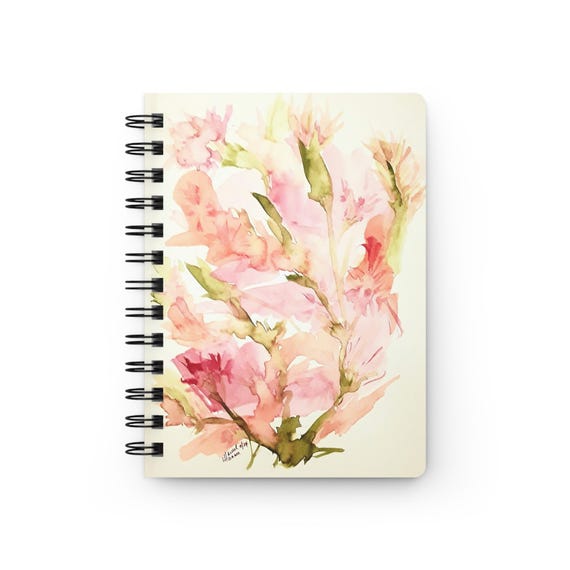 Watercolor Floral Spiral Bound Journal, Pink Green Flowers, Lined Notebook Planner Diary, Bullet Grid