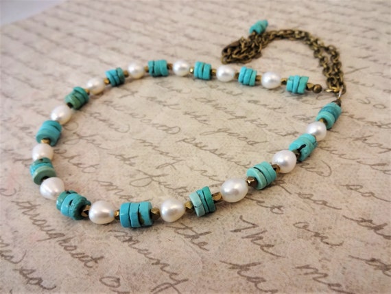 Turquoise and White Pearl Necklace with Antique Bronze, Boho Luxe Necklace, Gift for Her, Genuine Turquoise